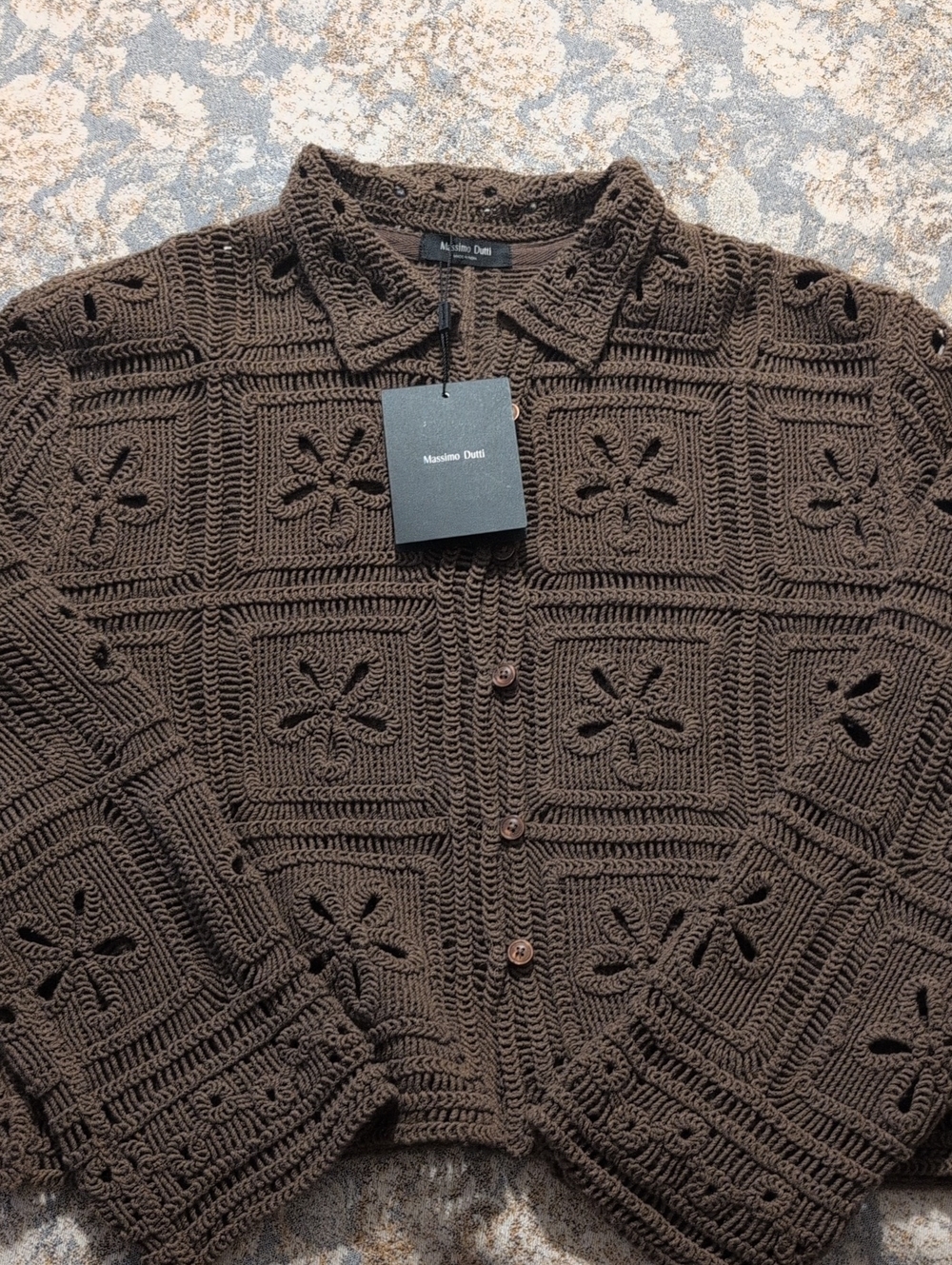 NwT Massimo Dutti Dark Brown Crochet-Pattern Button Cardigan M
